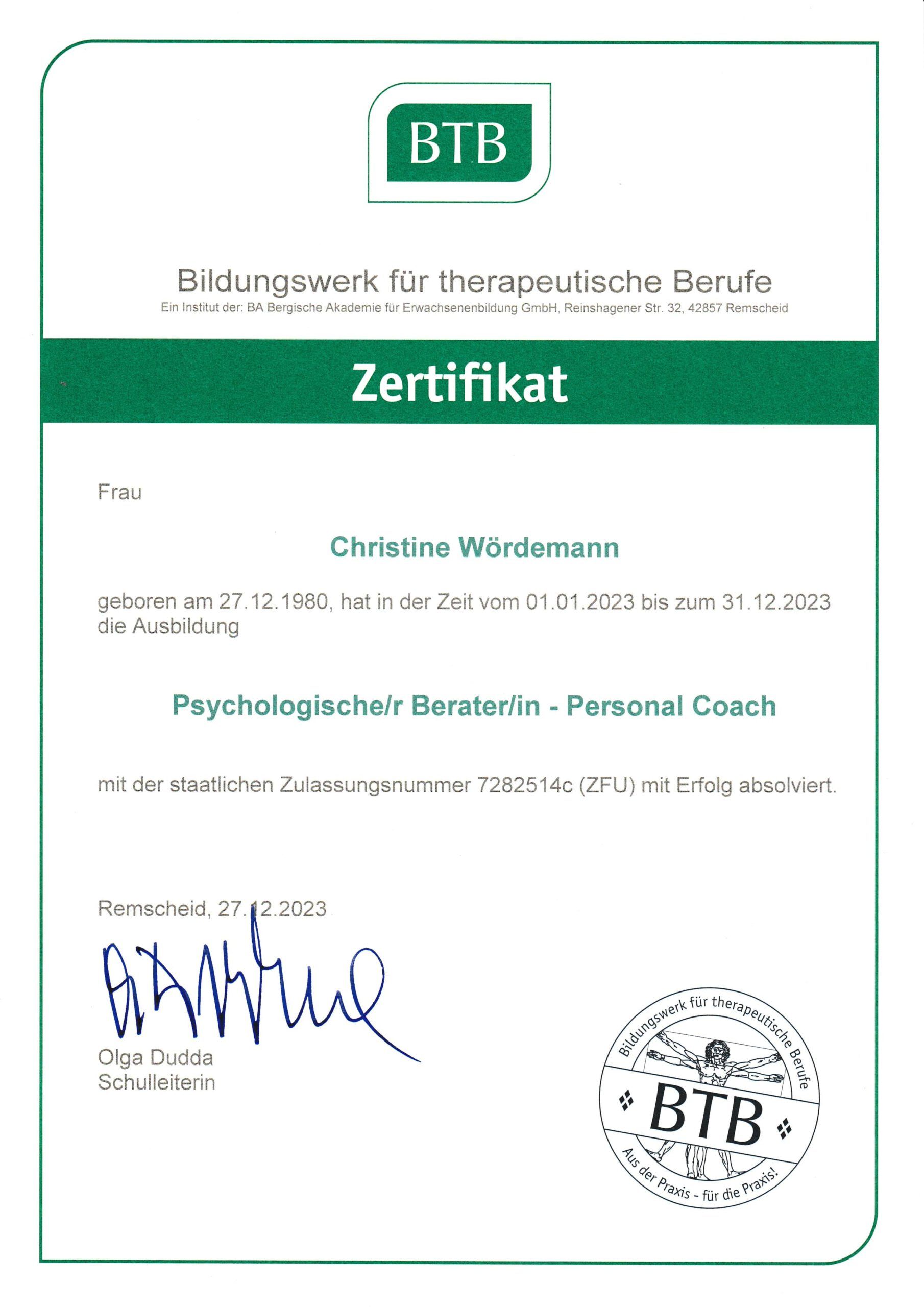 Zertifikat Psychologische Beraterin / Personal Coach – Bildungswerk für therapeutische Berufe
