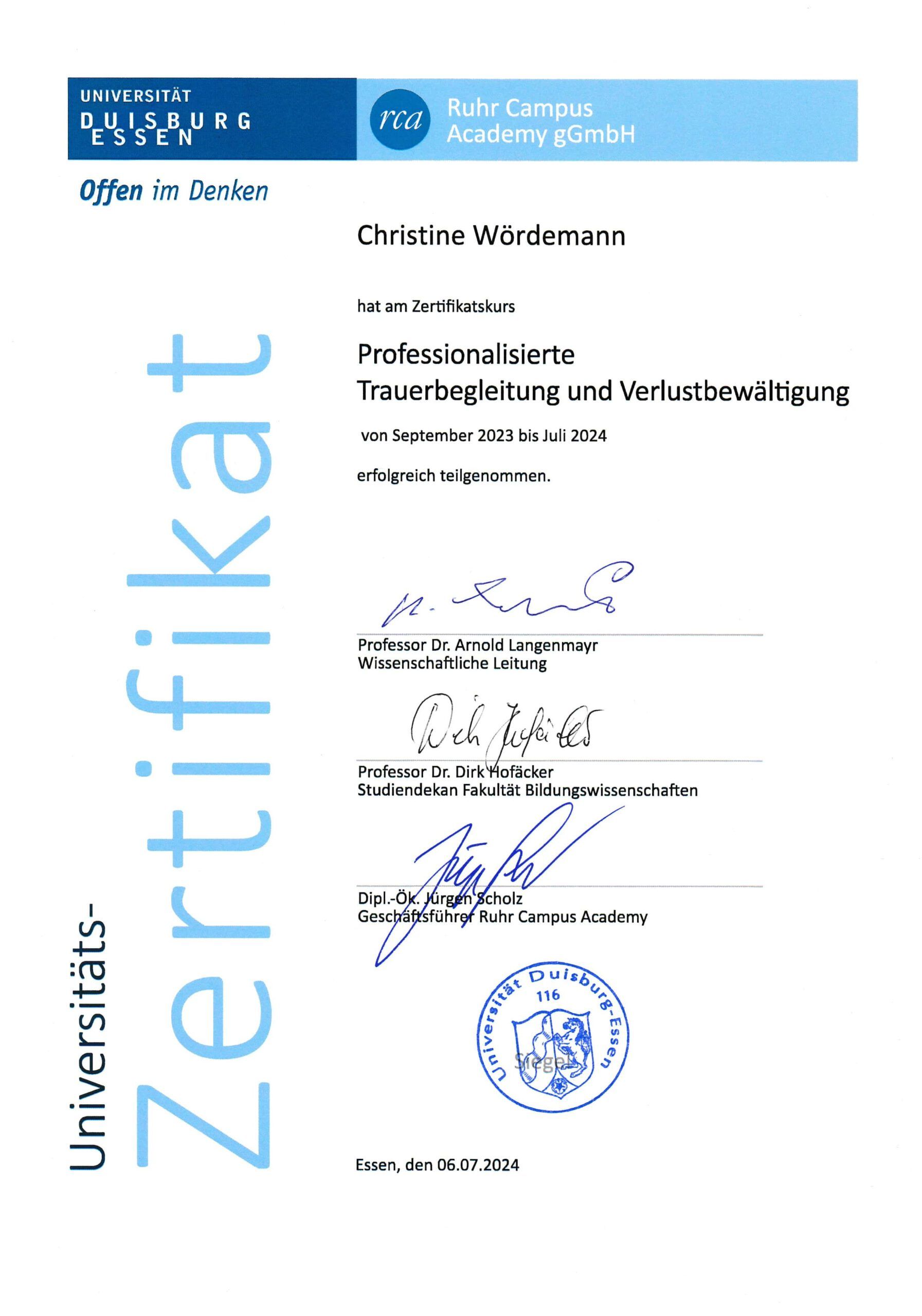 Zertifikat Professionalisierte Trauerbegleitung und Verlustbewältigung – Ruhr Campus Academy, Universität Duisburg-Essen